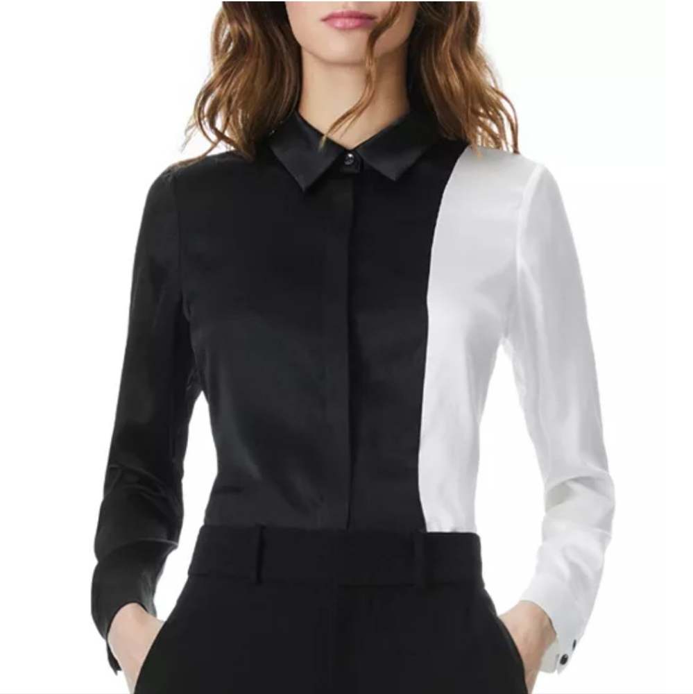 Alice + Olivia Willa Combo Placket Two-Tone Silk Button Shirt Blouse BNWT Small